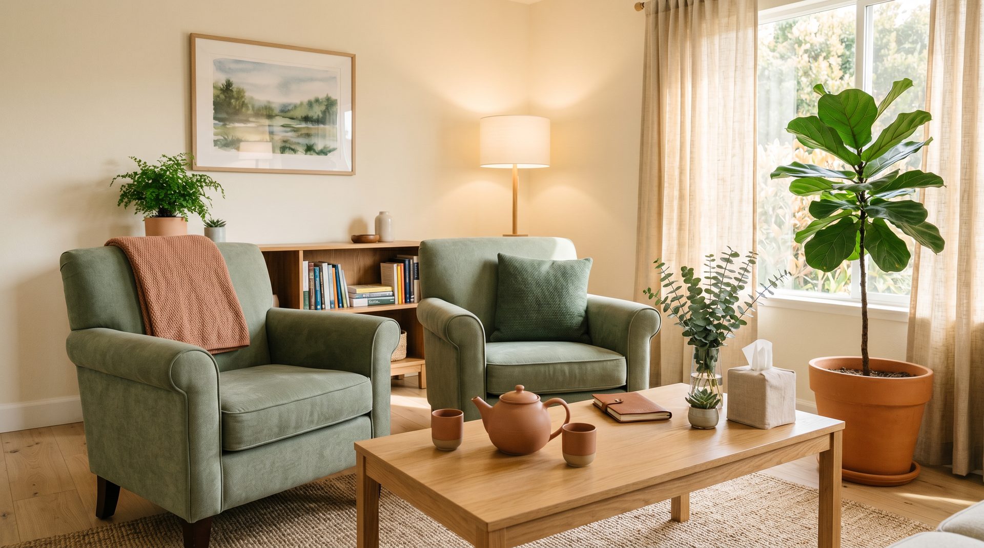 The warm, calming consultation lounge at the Law Offices of Lisa M. Stribling in Los Alamitos