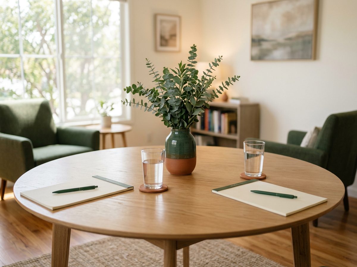 A round mediation table prepared for a family law session at the Stribling office