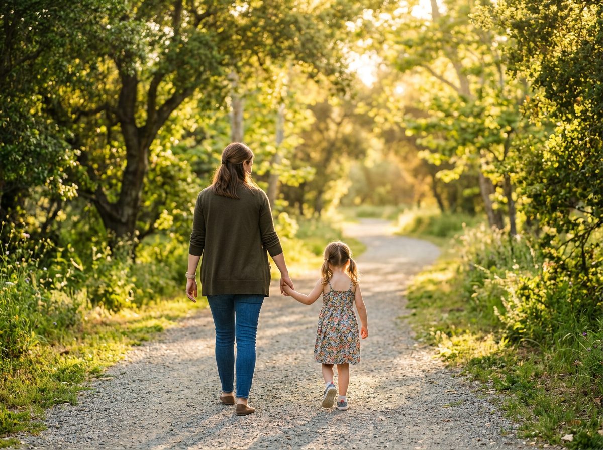 A parent and child walking hand in hand along a sunlit path